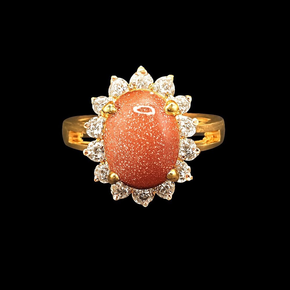 Vintage Copper Goldstone Ring W/ Swarovski Crystals 18K Gold Electroplate Signed